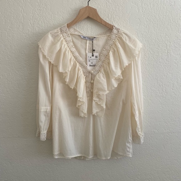 ZARA - Embroidered Ruffle Collared Long Sleeve Blouse in Ivory (NWT) - Size : S - Picture 9 of 14
